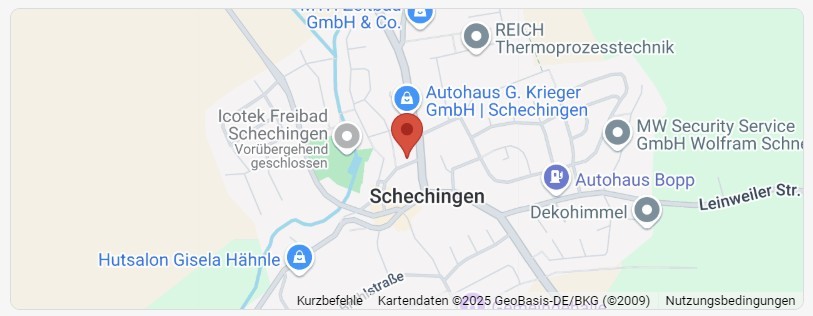 Karte mit markiertem Standort in Schechingen, Kronenstraße 11, 73579 Schechingen. Der gesamte Ort ist auf der Karte sichtbar, wobei der genaue Standort hervorgehoben wird.