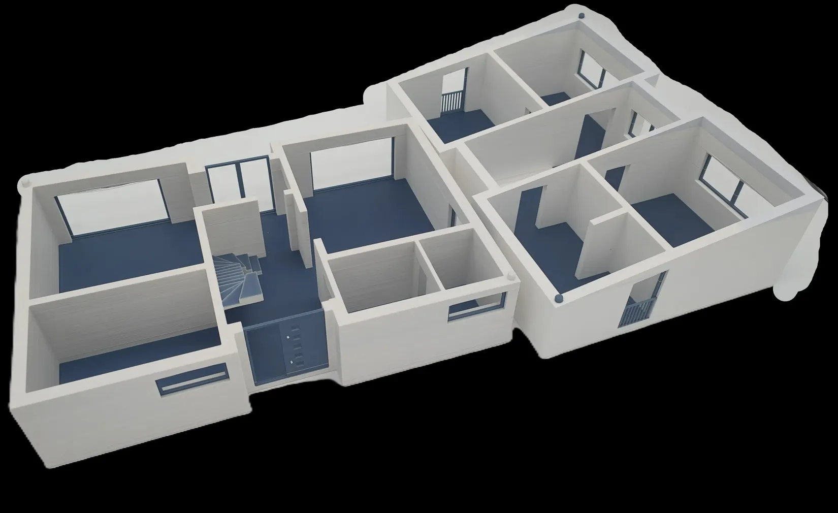3D-gedrucktes Modell eines Hauses im ähnlichen Stil, jedoch mit Flachdach. Das Modell ist in der Mitte geteilt, sodass die Innenwände sichtbar sind. Detaillierte Darstellung der Raumaufteilung und Architektur.