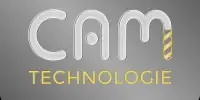 Logo mit grauem Hintergrund und abgerundeten Ecken. In der Mitte steht groß 'CAM' in Silber, darunter kleiner 'Technologie' in Gelb. Das letzte Beinchen des 'M' in 'CAM' ist in Form eines Bohrers dargestellt, ebenfalls in Gelb