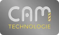 Logo mit grauem Hintergrund und abgerundeten Ecken. In der Mitte steht groß 'CAM' in Silber, darunter kleiner 'Technologie' in Gelb. Das letzte Beinchen des 'M' in 'CAM' ist in Form eines Bohrers dargestellt, ebenfalls in Gelb