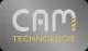 Logo mit grauem Hintergrund und abgerundeten Ecken. In der Mitte steht groß 'CAM' in Silber, darunter kleiner 'Technologie' in Gelb. Das letzte Beinchen des 'M' in 'CAM' ist in Form eines Bohrers dargestellt, ebenfalls in Gelb