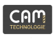 Logo mit grauem Hintergrund und abgerundeten Ecken. In der Mitte steht groß 'CAM' in Silber, darunter kleiner 'Technologie' in Gelb. Das letzte Beinchen des 'M' in 'CAM' ist in Form eines Bohrers dargestellt, ebenfalls in Gelb
